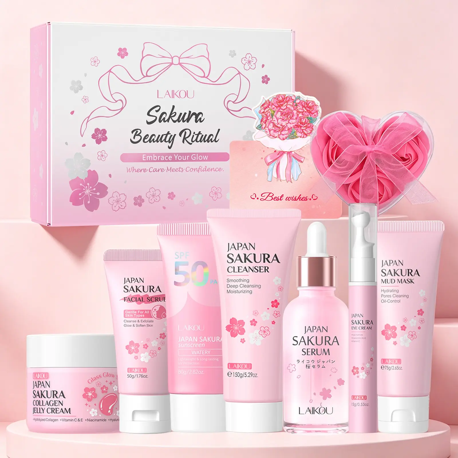LAIKOU Japan Sakura & Collagen 7-Step Facial Care Set & Routine Kit - 10-Piece Luxury At-Home SPA Beauty Box for Glowing Skin - High-Aesthetic Pink Gift Present with Large Custom Organizer Case for Teens & Girls - Hydrating Kit