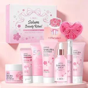 LAIKOU Japan Sakura & Collagen 7-Step Facial Routine Kit - 10-Piece Luxury At-Home SPA Beauty Box for Glowing Skin - High-Aesthetic Pink Gift Present with Large Custom Organizer Case for Teens & Girls