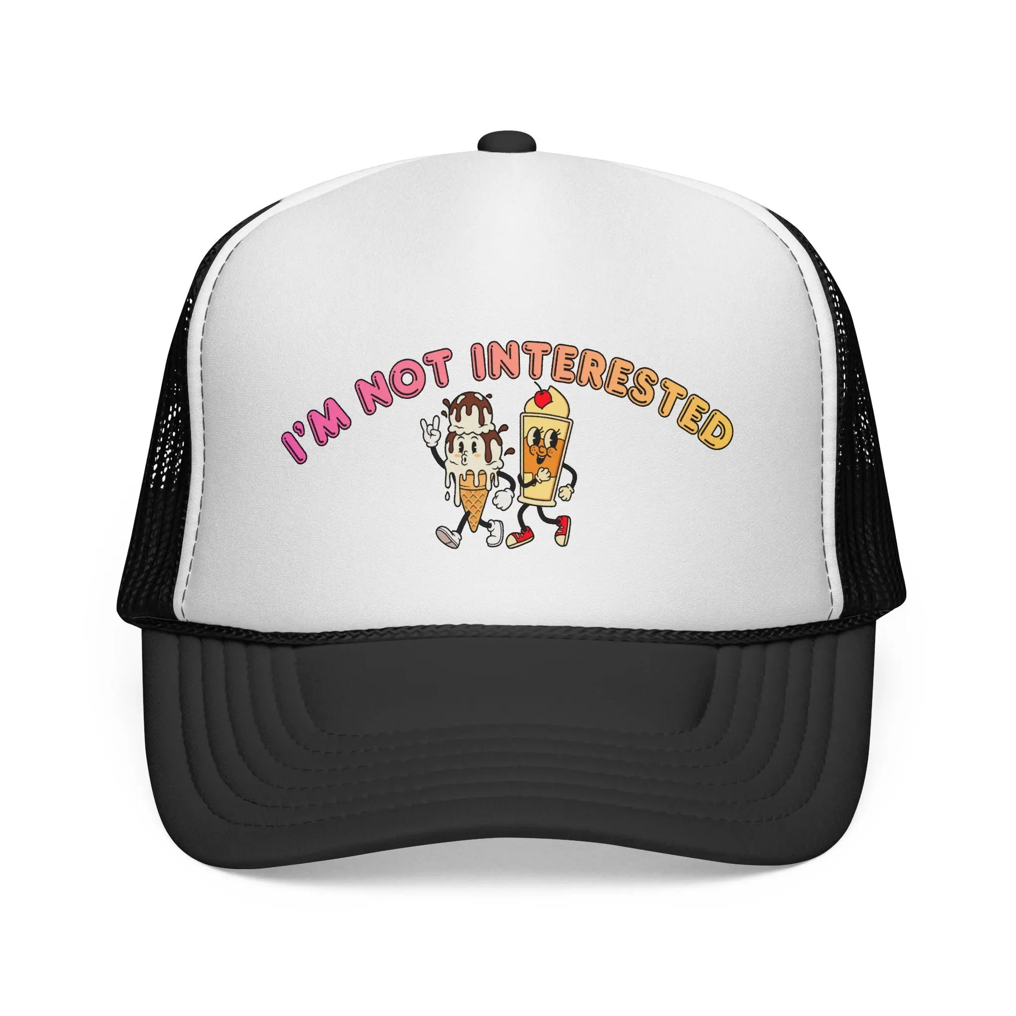I'm Not Interested Trucker Cap | Retro snack illustration