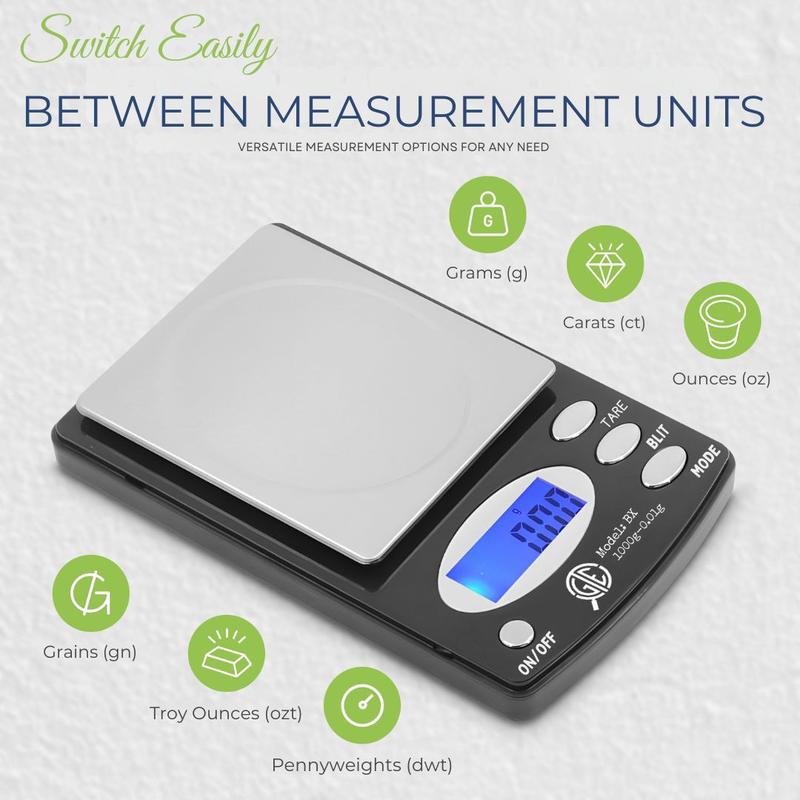 GTE Gold Silver Platinum Jewelry Testing Kit with Digital 1000g x .01g Scale for Scrap Value Authentication & 6 Weighing Modes