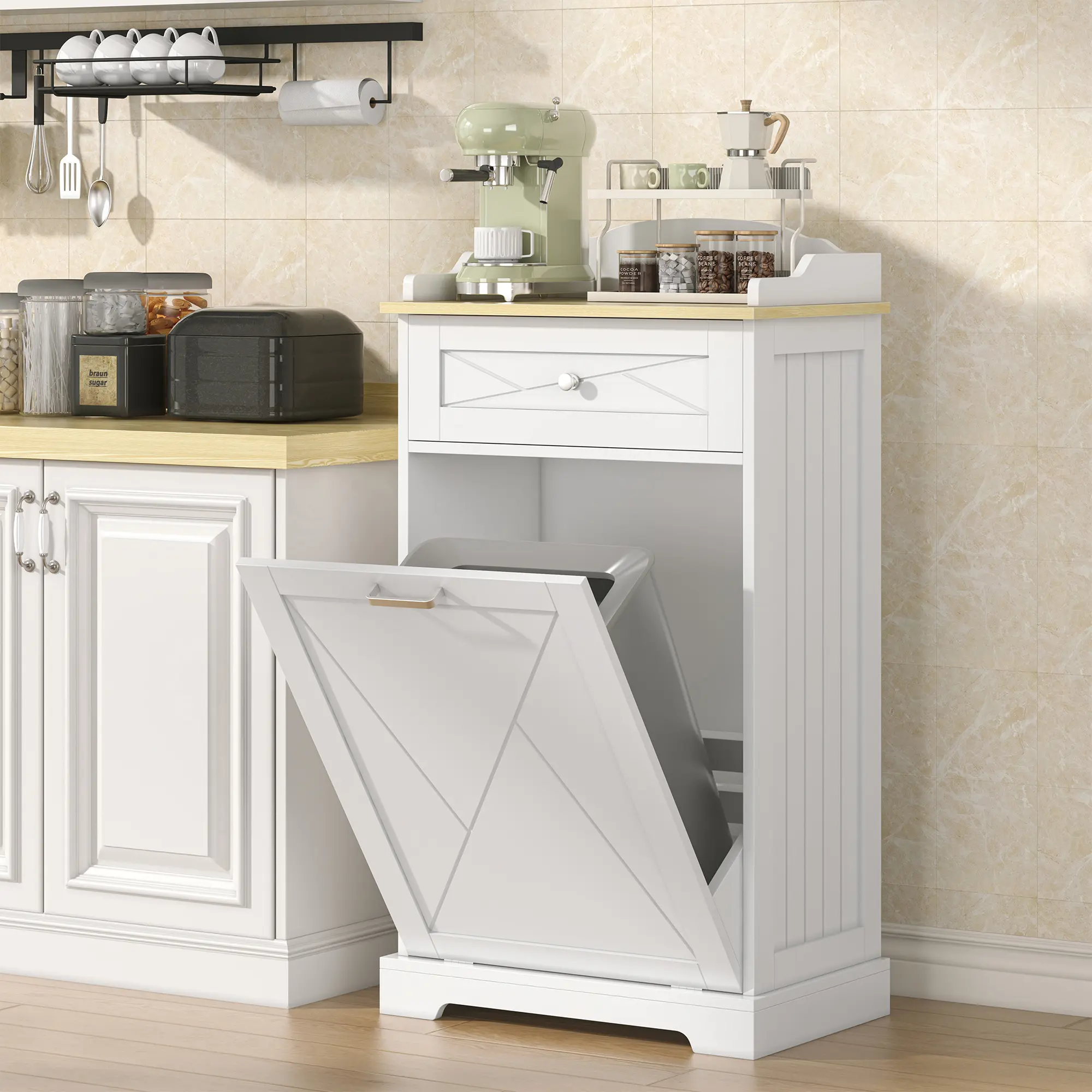 Tilt Out Trash Can Cabinet 12 Gallon, Hidden Trash Cabinet with Drawers, Kitchen Island Kitchen Pantry with Trash Can Storage, Tilt Out Laundry Hamper Cabinet