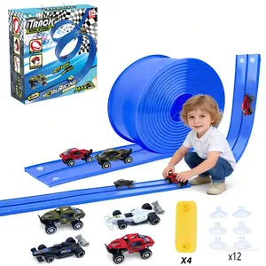12.8 ft children’s elastic racing track, 1:64 die-cast racing toys, roll-up portable racing track, includes 4 cars and suction cups, birthday and Christmas gift for boys and girls ages 3+.