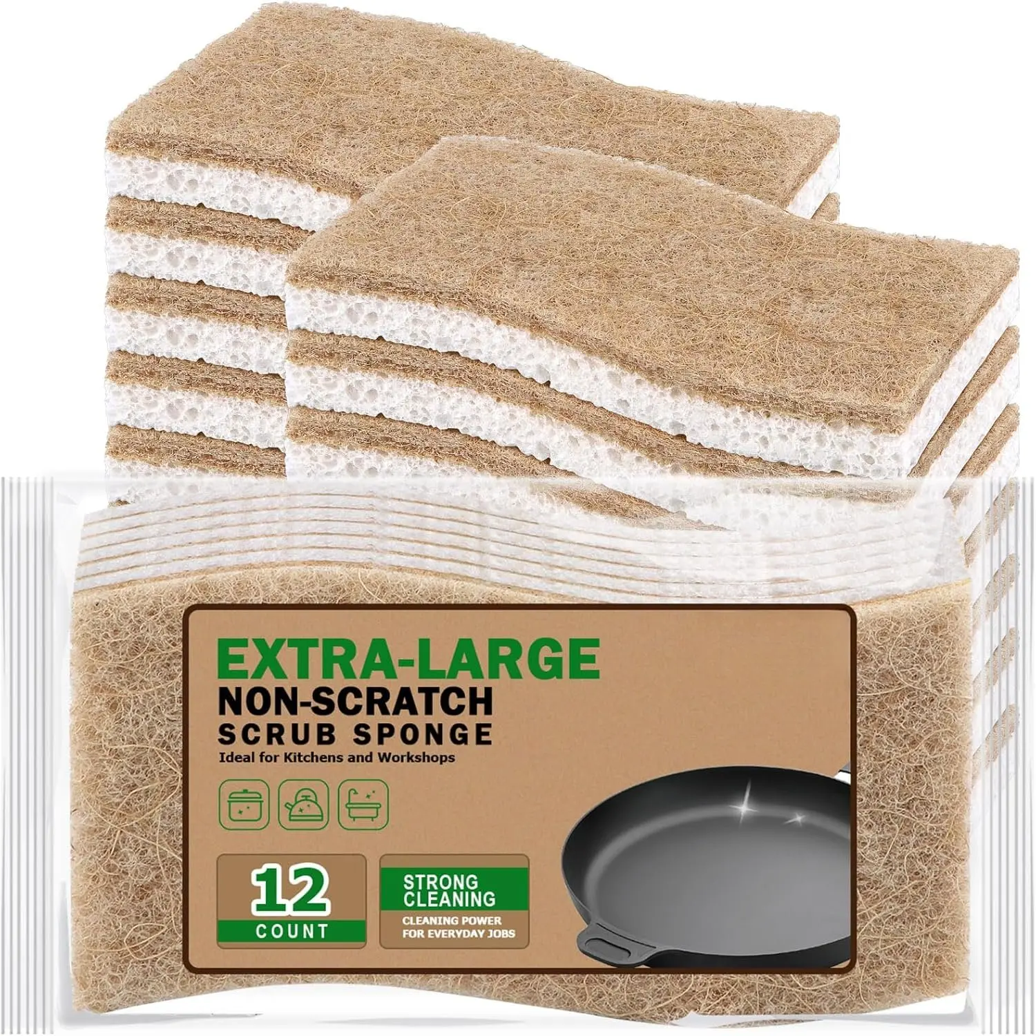 XL Non-Scratch Scrub Sponges, 12Count,  Sponge for Non Stick Cookware, Sponges Kitchen, Cellulose Cleaning Sponge for Dishes, Kitchen, Bathroom, Household