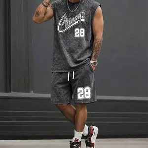 Men’s fashion cotton distressed wash short-sleeve tank top and shorts set. Available in multiple colors. American street Y2K style with snowflake pattern and Chicago letter print design. Comfortable, breathable, lightweight fabric—ideal for surfing and ba