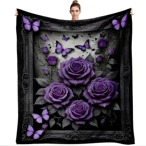 Purple Rose and Butterfly Pattern Flannel Blanket 270G Soft Warm Cozy Throw Blanket for Bed Sofa Living Room Decorative Blanket Lightweight Fleece Blanket All Season Use Machine Washable Home Textile