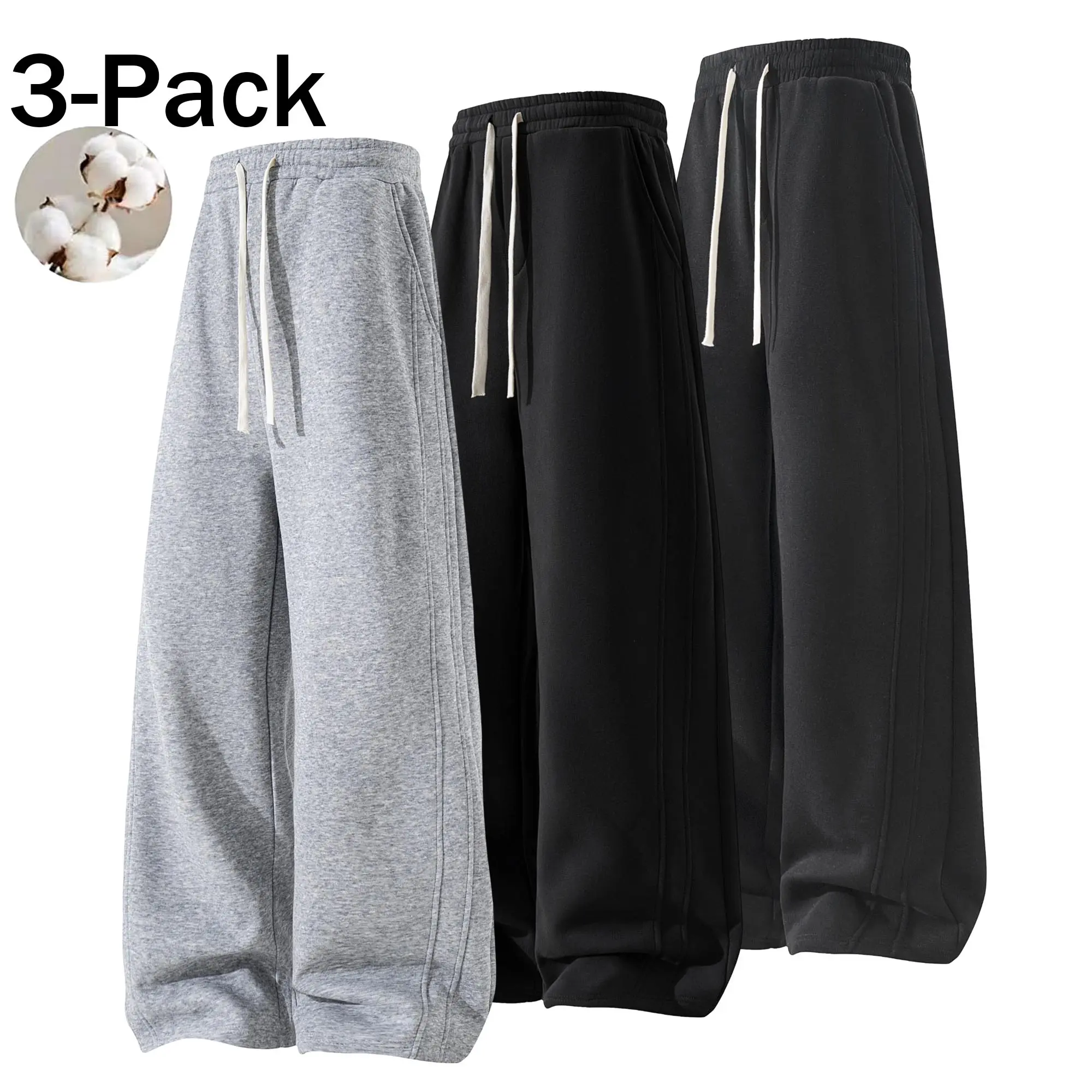 Men’s autumn/winter solid-color fleece-lined long pants – menswear, drawstring waist design, relaxed fit, cotton blend fabric, casual athletic style, fluid drape, straight leg cut