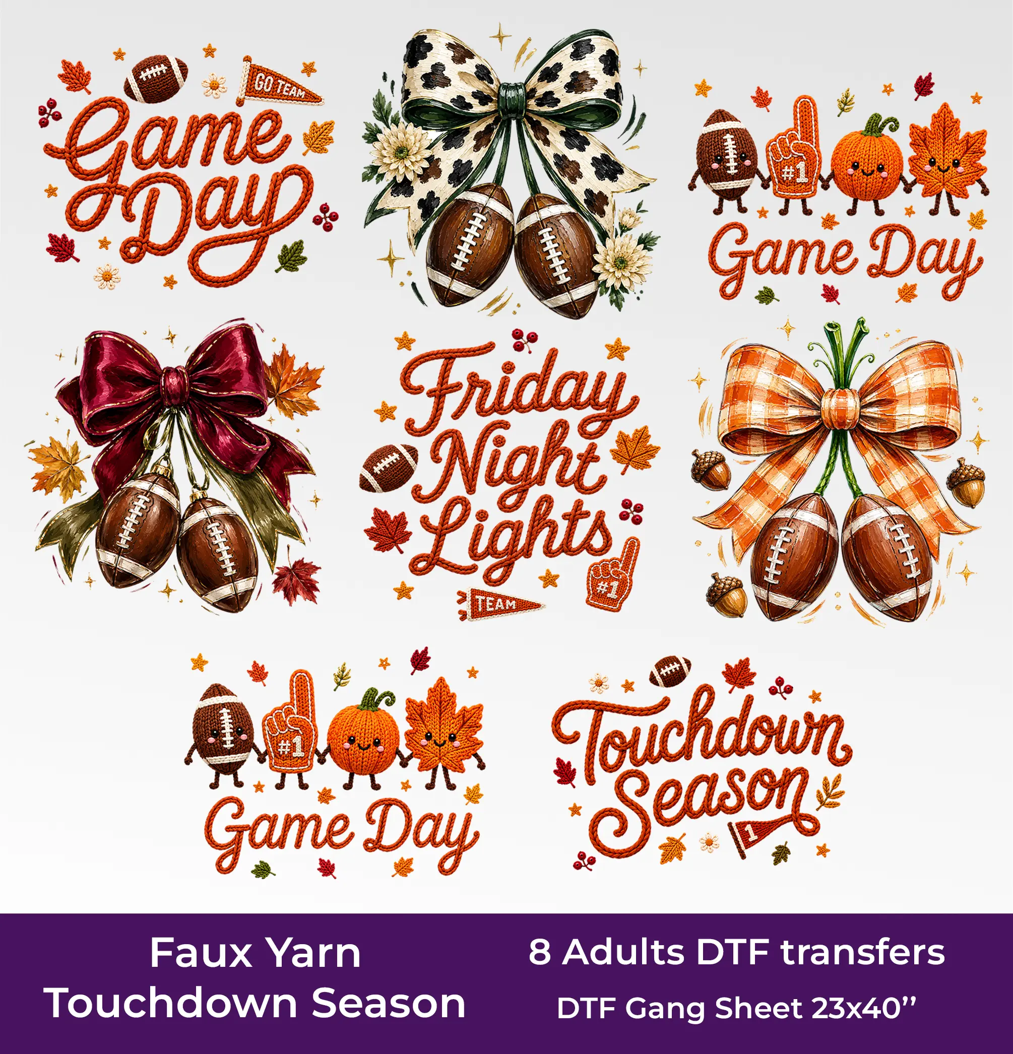 Faux Yarn Touchdown Season DTF Gang Sheet, 23x40 in. Game Day Ready-to-press Heat transfers
