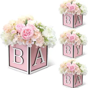 4pc pink baby shower with a flower box placed in the center of the dining table, a wooden box with the letters BABY, suitable for gender revealing parties (without flowers)