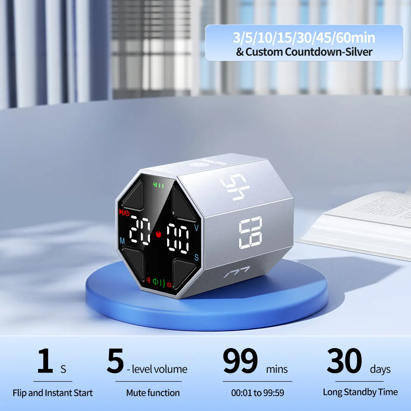 8 Silver(3/5/10/15/30/45/60min & Custom Countdown)