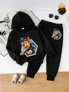 Autumn Winter Kids Fleece Hooded Set, Long Sleeve Hoodie with Ach Cartoon Print & Loose Casual Animal Joggers, Perfect Gift for Parents
