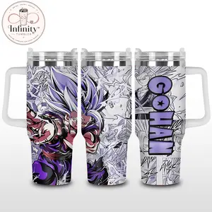 Gohan Anime Warrior 40oz Tumbler With Handle, Stainless Steel Insulated Travel Cup, Purple Manga Battle Graphic Drinkware, Saiyan Fighter Fan Cup Gift For Everyday Use