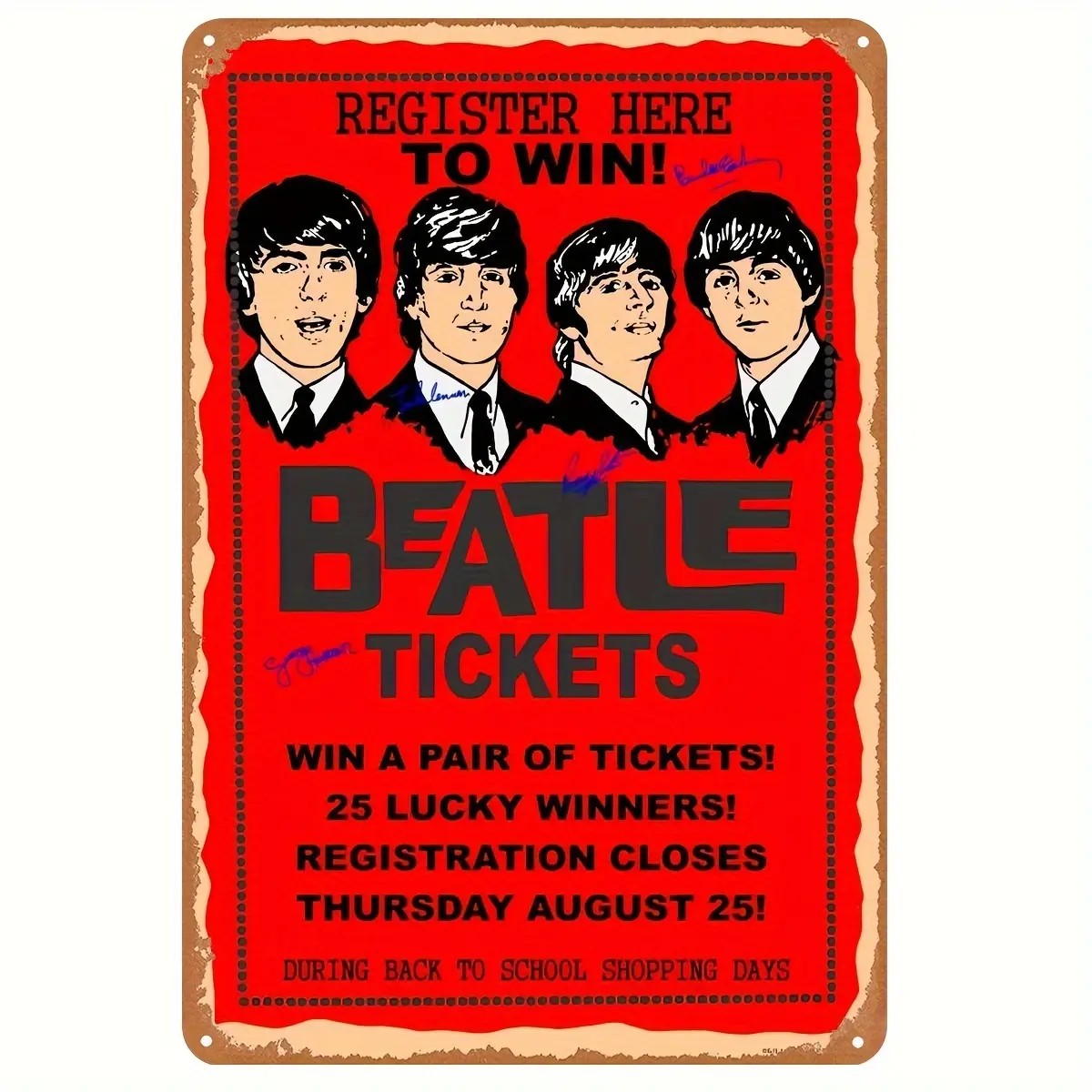 Vintage Beatles Ticket Sign: 8 ''x 12''/20cm * 30cm, Pre-Drilled, Gauged Steel, Weather Resistant, Suitable for Home, Office, or Music Enthusiast