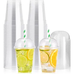 100 PACK 12 oz Clear Plastic Cups with Dome Lids, Disposable Dessert Parfait Cups for Ice Cream, Iced Cold Coffee Drinks, Cupcake, Fruit for