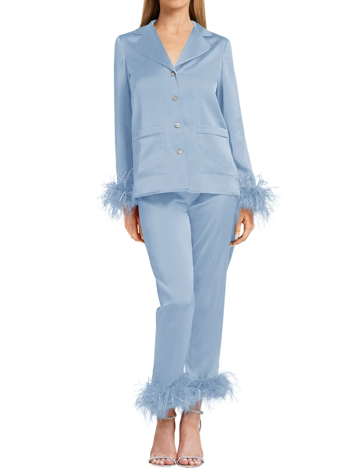 Goranbon Women's Silk Satin Pajama Set Feather Trim Bridal Long Sleeve Pocketed Lounge Sets Sleepwear (Removable Feather)
