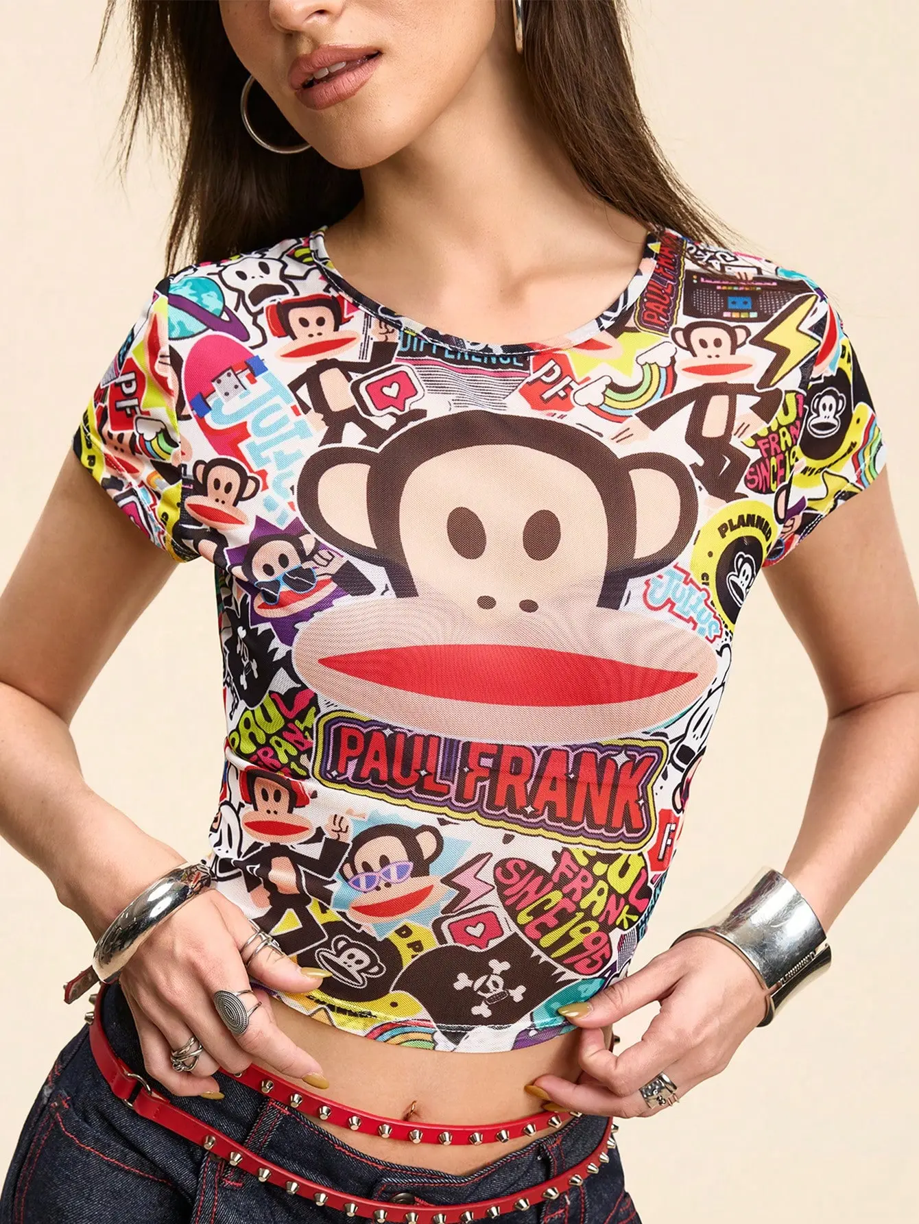 Women's Monkey Print Fitted Round Neck Short Sleeve Top, Summer