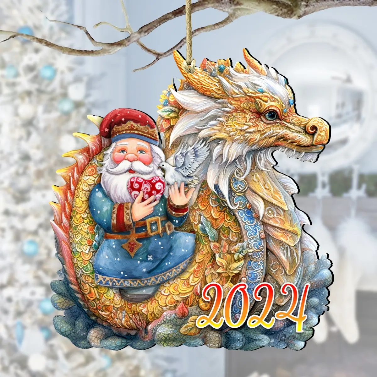 Designocracy 8611088-24 UV-Coated Handmade Decorative Wooden Santa+Dragon Christmas Ornament, 5x5.5x0.25in, Indoor/Outdoor Home Accent, Collectible Holiday Gift with Gift Bag for Christmas Memories