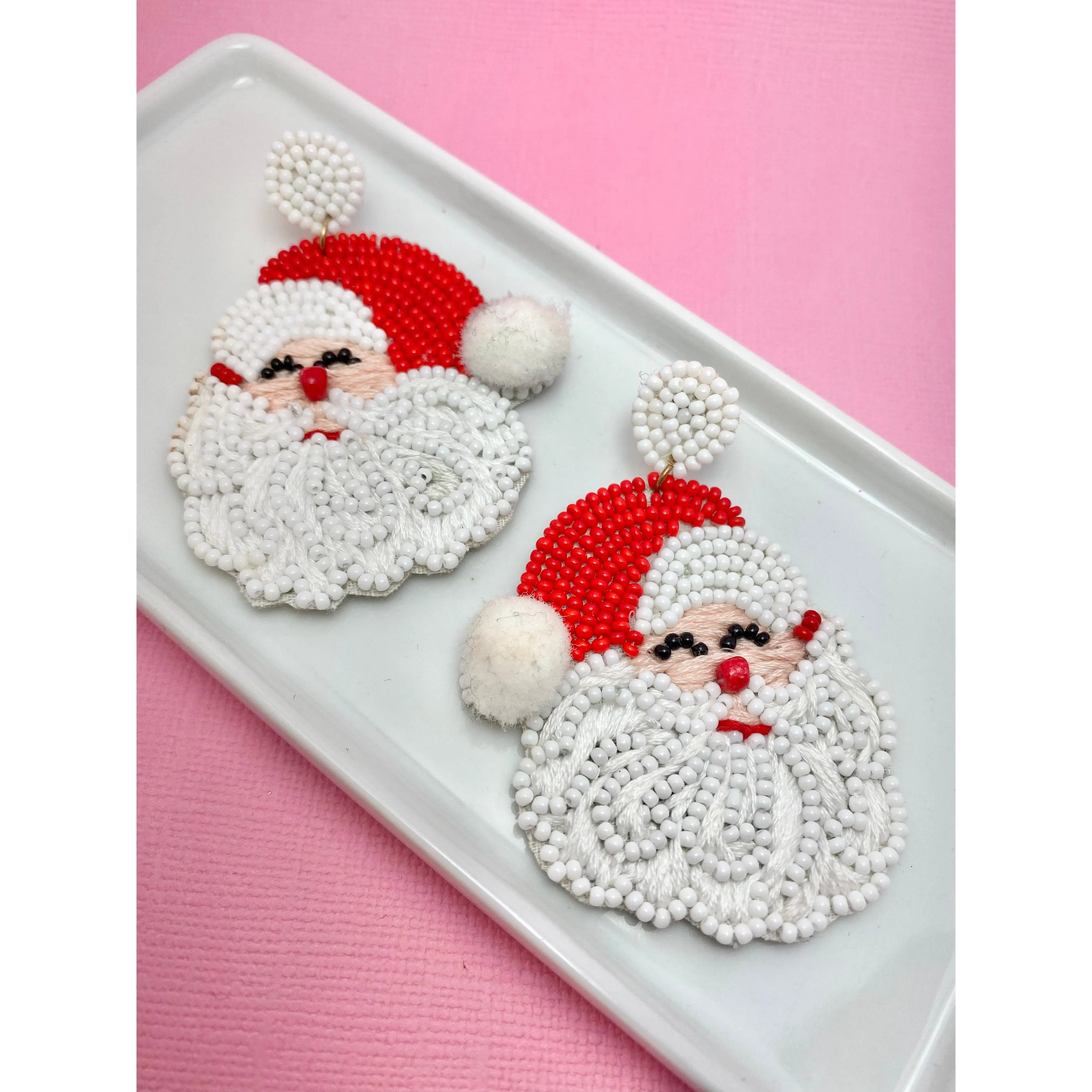 Holly Holiday Santa Beaded Christmas Earrings