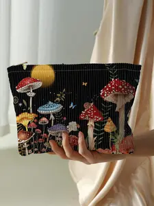 Creative Mushroom Pattern Corduroy Cosmetic Pouch Makeup Bag, 2024 New Style Multi-functional Fashion Makeup Organizer, Travel Makeup Bag, Suitable for Leisure Travel, Business Trips