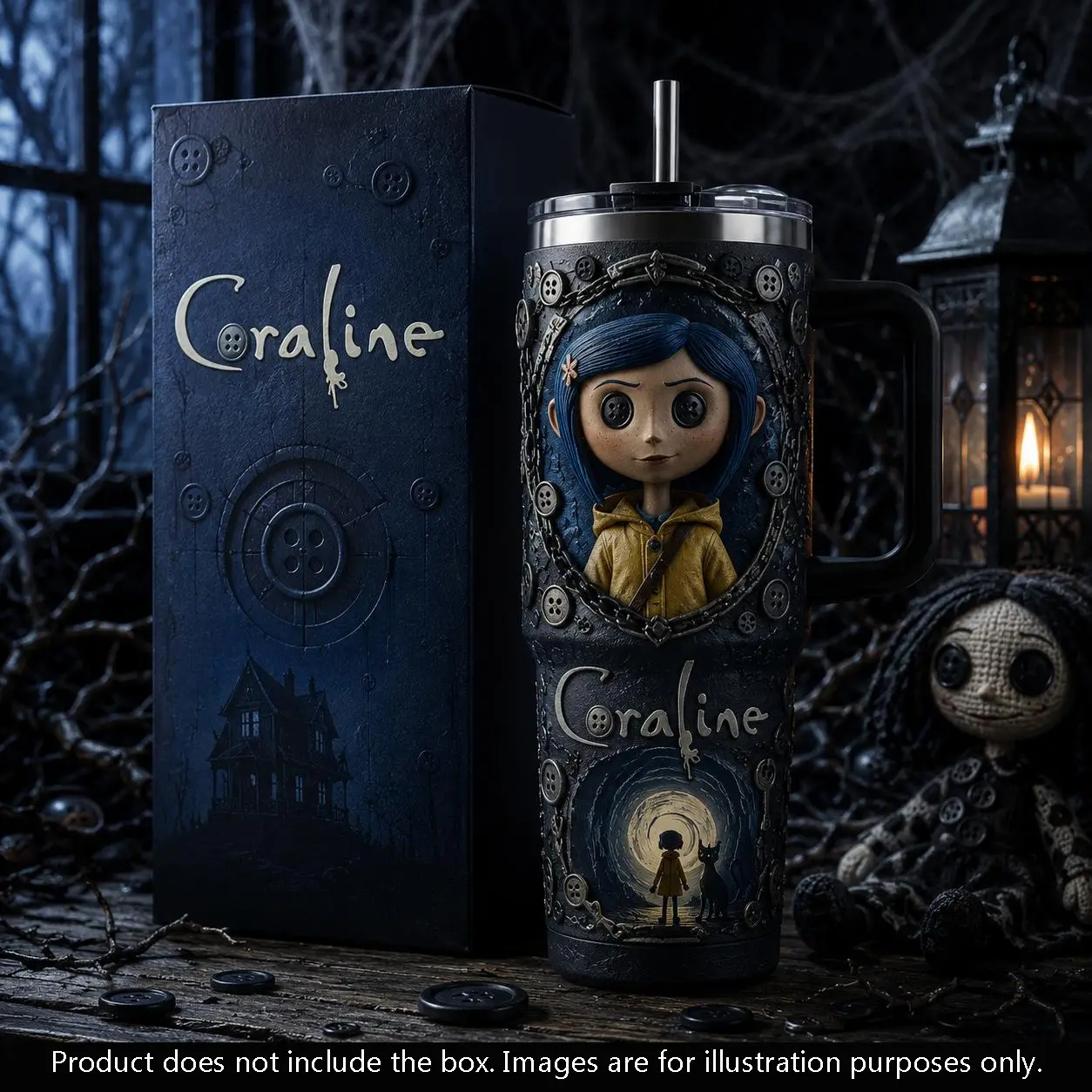Coraline 40oz Tumbler with Handle & Straw, Stainless Steel Insulated Travel Mug, Button Eyes Gothic Movie Cup, Spooky Fantasy Drinkware, Coraline Fan Gift