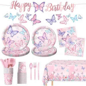 178 count Butterfly Birthday Party Supplies Disposable Paper Plates, Napkins, Cups, Cutlery, Tablecloth, Banner, and Hanging Swirl for Butterfly Birthday Decorations, Serves 25