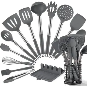 446 ° F Heat Resistant Silicone Kitchen Utensils, Cooking Utensil Set, Spatula Set, BPA Free, Kitchen Gadgets, with Stainless Steel Utensils Holder, Dishwasher Safe, 14pcs Grey