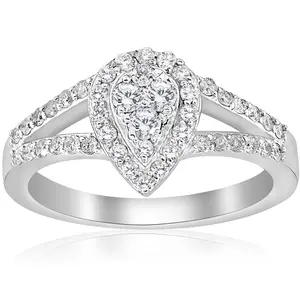 1/2ct Pear Shape Diamond Halo Cluster Engagement Ring 10K White Gold