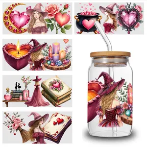 5 Sheets Witch Heart UV DTF Stickers UV DTF 16oz Libbey Cup Wraps - Waterproof, Scratch-Resistant DIY Decals with 3D Crystal Effect, Self-Adhesive Transfer Paper for Cup Decoration, Floral & Bird Design