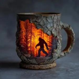 Reusable Camping Mug with 3D Tree Bark Texture & Sasquatch Forest Fire Design Foldable Cup for Cfee Tea Hot Drinks Outdoor Survival Day the Dead Decorations Set Large Geometric of Life Print Aesthetic Ceramic