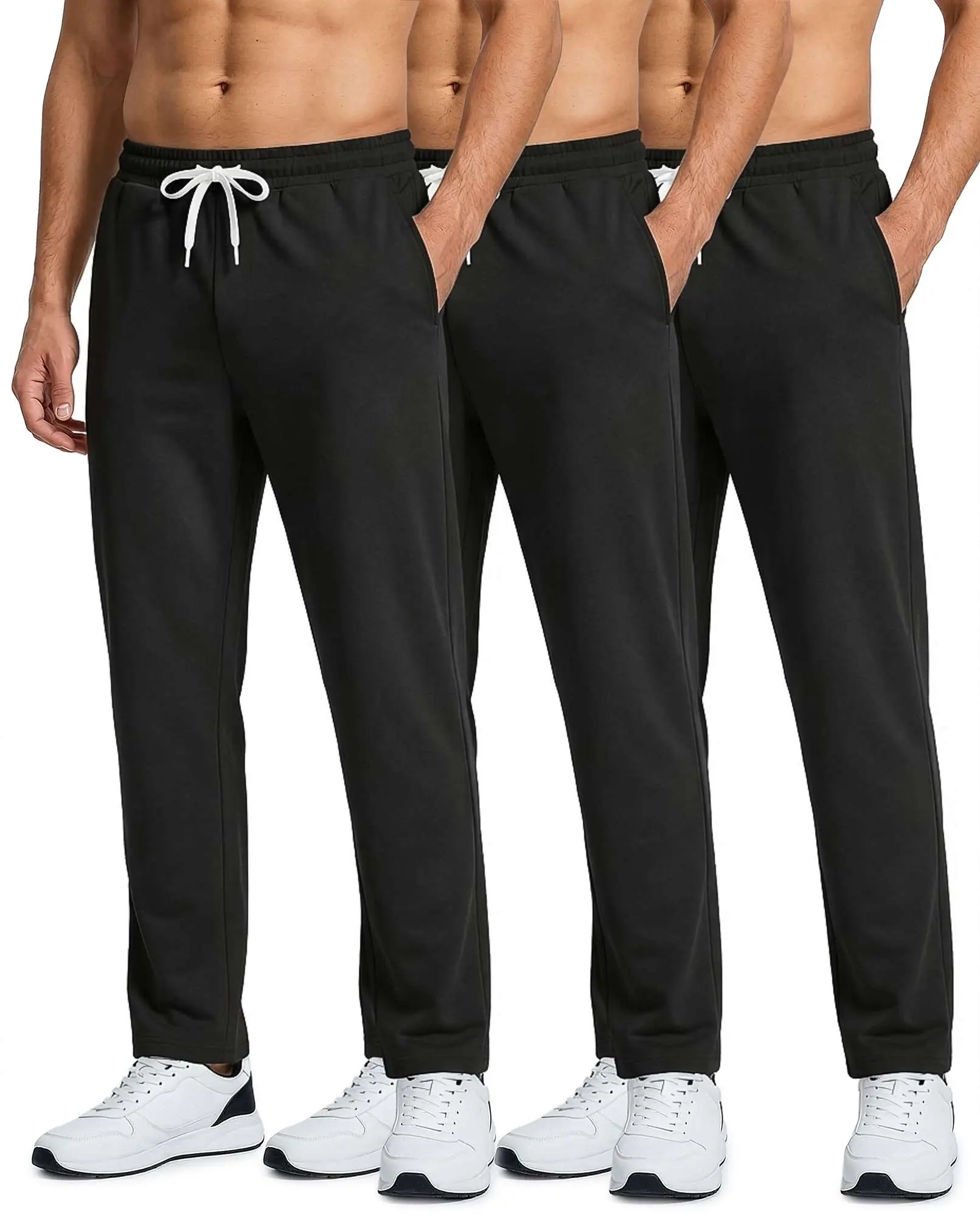 Real Essentials 3 Pack: Men's French Terry Open Bottom Sweatpants - Casual Lounge Comfort Gym with Pockets