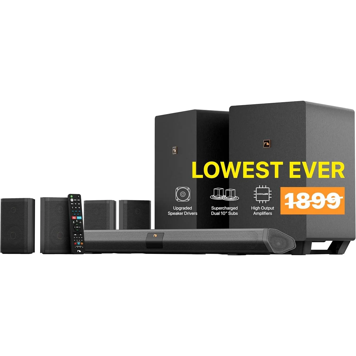 Nakamichi Shockwafe Ultra 9.2.4 Channel Soundbar System with Dolby Atmos/DTS:X, Dual 10" Subwoofers, 4 Rear Surround Speakers, 1300 Watts Max Output Power