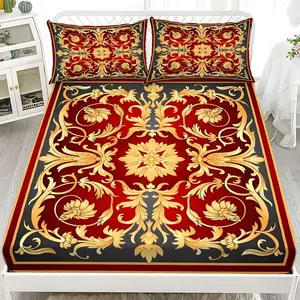 Fitted Sheet 3-Piece Set - 2D Flat Printed Red, Blue and Gold Pattern Mattress Covers, Available in 10 Sizes (1*Fitted Sheet + 2*Pillowcases, No Filler). skin-friendly and breathable bedding, suitable for family bedrooms .