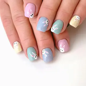 24 Pcs Colorful Glossy Easter Press on Nails Short Square Fake Nails Cute White Bunny False Nails with Design Spring Acrylic Nails Full Cover Easter Rabbit Stick on Nails for Women Nail Art DIY