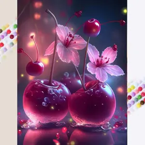 1 DIY Handmade Diamond Painting Kit, 5D Diamond Art Set, DIY Decoration, Cherry, Flowers, Light and Shadow Diamond Painting Set with Full Round Drills, Mosaic, Diamond Art, DIY Art Home Decoration, suitable for Christmas, Handcraft