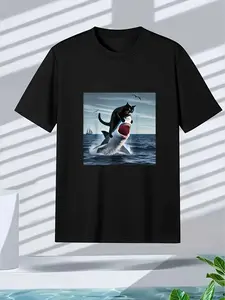 Men's Funny Cat vs Shark Graphic T-Shirt - Bold Shark Attack Design Tee, Soft Everyday Shirt for Men & Teens, Machine Washable Casual Top with Dynamic Ocean Scene (Black/White/Blue) - Ideal Gift for Animal Lovers, Humorous Apparel, Cartoonish Artwork, Com