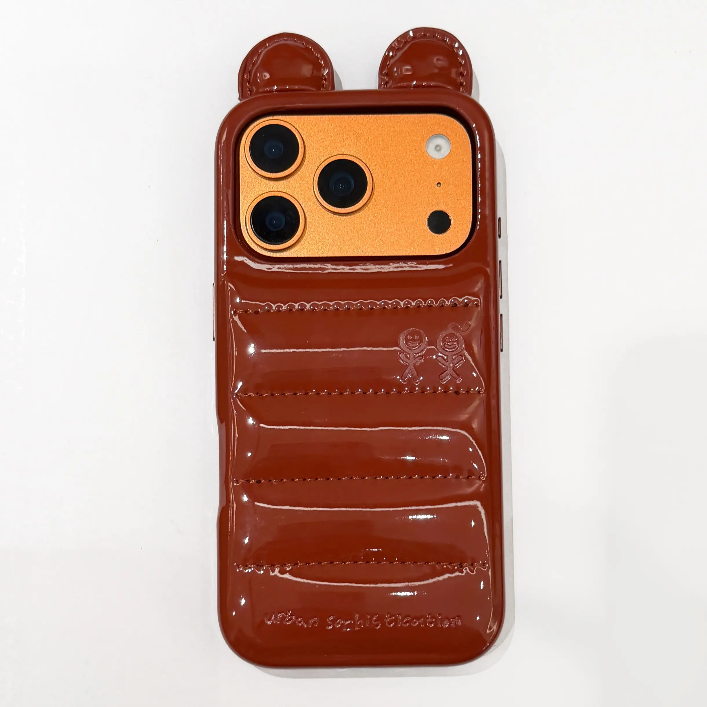 3D Bear Ear Glossy Brown Faux Leather Puffer Phone Case - Shockproof Protective Casing, Cute Accessory, Phone Protector, Ideal Birthday Gift for iPhone, Phone Protector Accessory