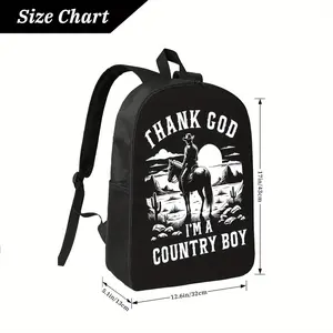 Best Trendy Western Cowboy Backpack - "Thank God I'm a Country Boy" Print, Black Polyester, Adjustable Straps, Lightweight & Durable for School or Travel Supplies
