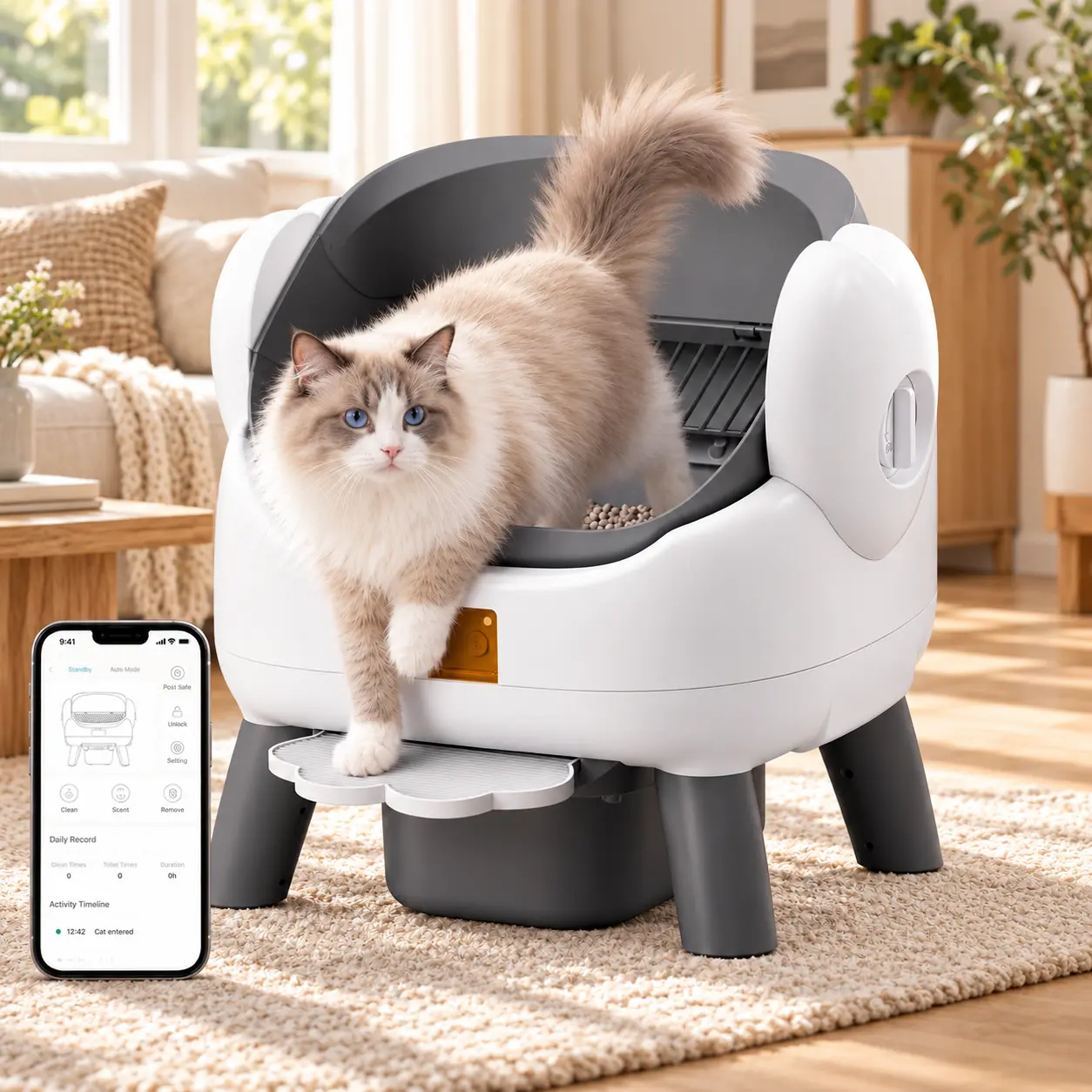 Automatic Self-Cleaning Cat Litter Box, Open-Top Smart Litter Tray with 10L Sealed Waste Bin, Up to 10 Days of Waste Storage, App Control, Weight Sensors, Motion Radar and Detachable Body for Easy Cleaning