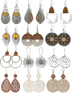 12 Pairs Boho Vintage Geometric Round Earrings, Wooden Leather Earrings Ethnic Style Vintage Sunflower Earrings Christmas Earrings for Women, Great For Birthday, Party, Christmas summerwins
