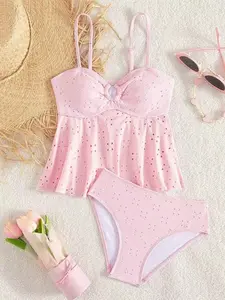 Girls' Solid Color Cutout Ruffle Tank Swimsuit Set, Teenage Girl Swimwear, Fashionable Comfort Design, Perfect for Summer Beach Time