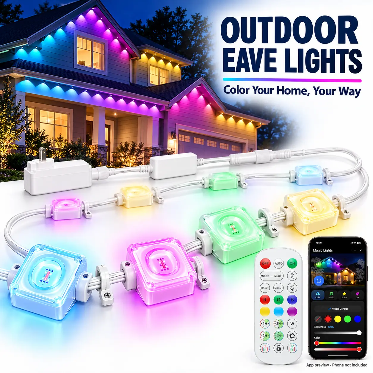 154FT WiFi Smart Permanent Outdoor Eave Lights, RGB LED Lighting with App Control, Color-Changing House Lights for Christmas, Holidays, and Everyday Outdoor Decor