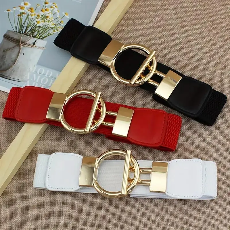 Women's Essential Daily Wear, 3-Piece Round Buckle Wide Belt Set, Classic Solid Color Elastic Waistband, Elegant Outerwear Belt