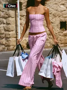 Women Striped Strapless Fitted Corset Top & Wide Leg Pants 2 Piece Set Sexy Daily Outfits Women Sets