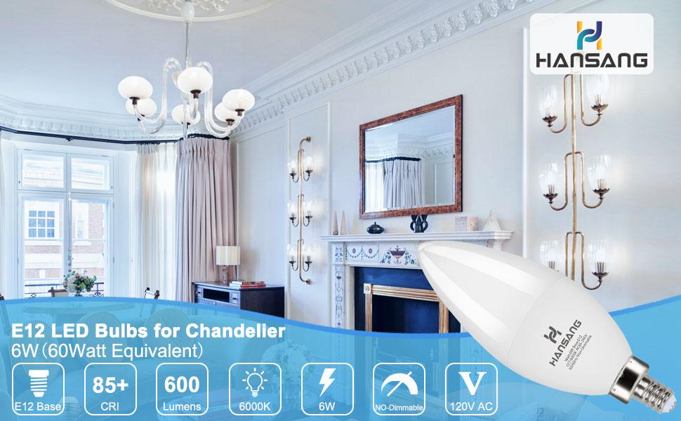 6-Pack E12 Candelabra LED Light Bulbs, 6000K Cool Daylight White, 6W (60W Equivalent), B11 Type B Small Base, 600 Lumen Non-Dimmable Bulbs for Chandelier, Ceiling Fan