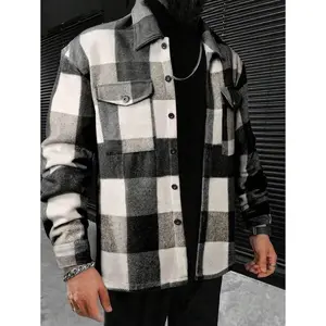 Homme Men Plaid Print Flap Pocket Jacket, Men Street Wear Shirt, Men Shacket, Streetwear Button Up, Men Flannel, Plaid Jacket Men
