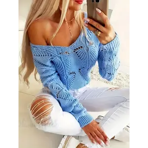 Crochet Hollow Out Beach Coverup Dress Women's Elegant V-neck Knitted Sweater With Leaf Pattern - Blue, Long Sleeve, Striped, Great For Spring, Summer And Fall, Casual Fashion Style, Casual Fashion | V-neck Sweater | Knitted Texture, Knit T streetwear y2k