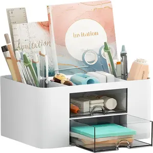 Multi-Compartment Desktop Organizer with Drawer, Office Desk Storage Solution for Stationery & Makeup Accessories