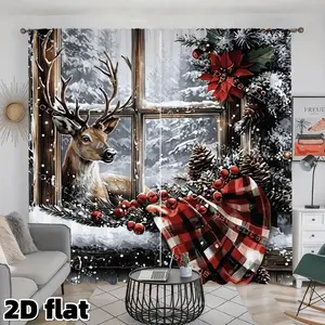 2D Flat 2Pcs Festive Winter Deer Print Curtain Panel, Red Buffalo Plaid Design, Poinsettia Pine Cone Pattern, Rod Pocket Style, Semi Sunshade Polyester Fiber, Suitable for Living Room Bedroom Balcony Holiday Window Decor, Gift, Anti Privacy