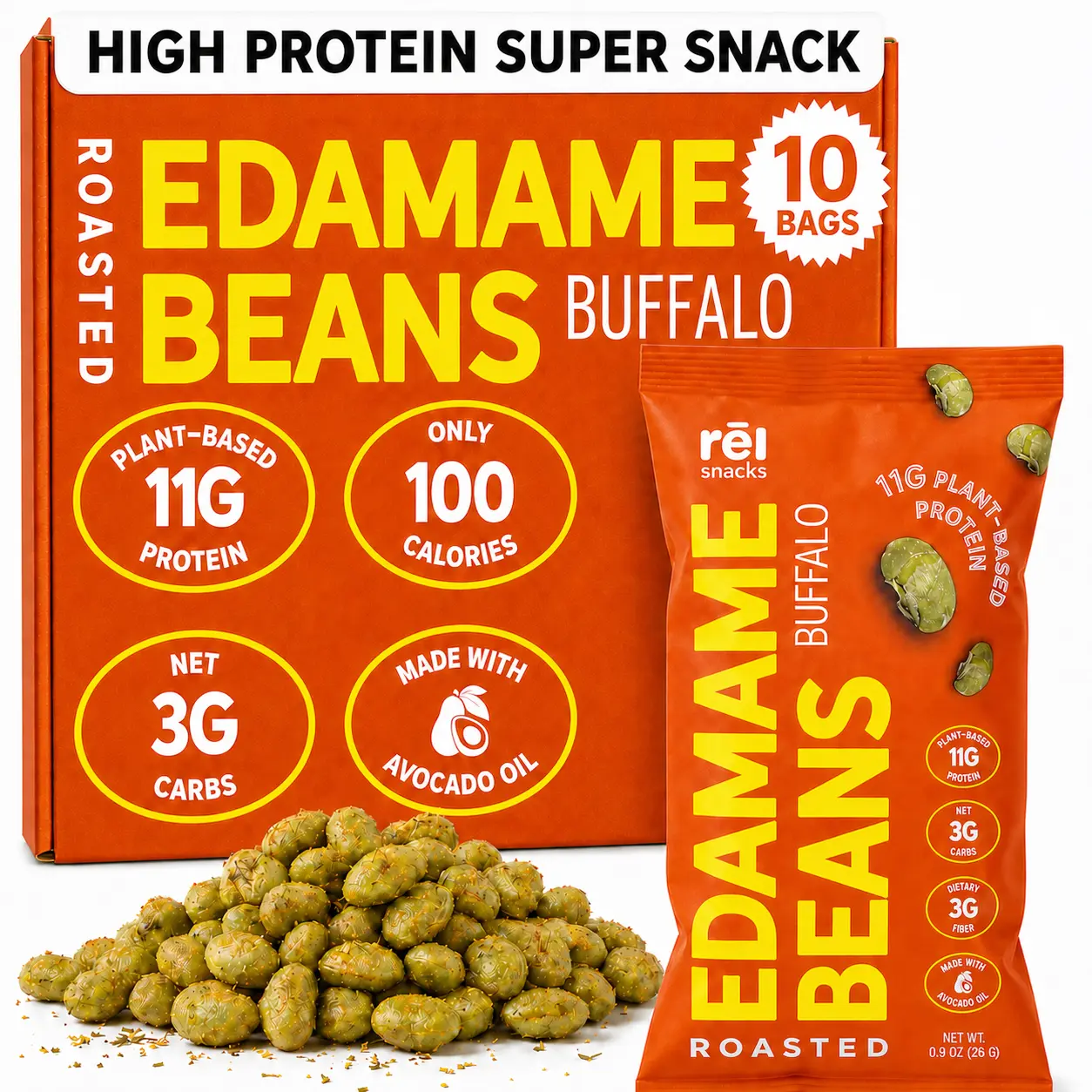 Rel Snacks Buffalo Crunchy Roasted Edamame Beans 0.9OZ 10 Pack Protein Fiber High Protein Low Carb Keto Friendly Snack