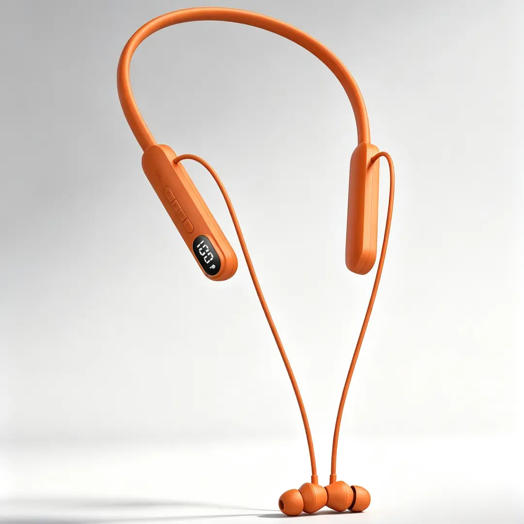 Latest Upgraded U-Shaped Orange Silicone Neckband Wireless Earbuds - Waterproof Bluetooth Device with Digital LED Display, IPX4 Rating, 48H Playtime, Magnetic Cable, Cable Management, Intelligent Controls, Built-In Plastic Batteries for Workout, Commuting