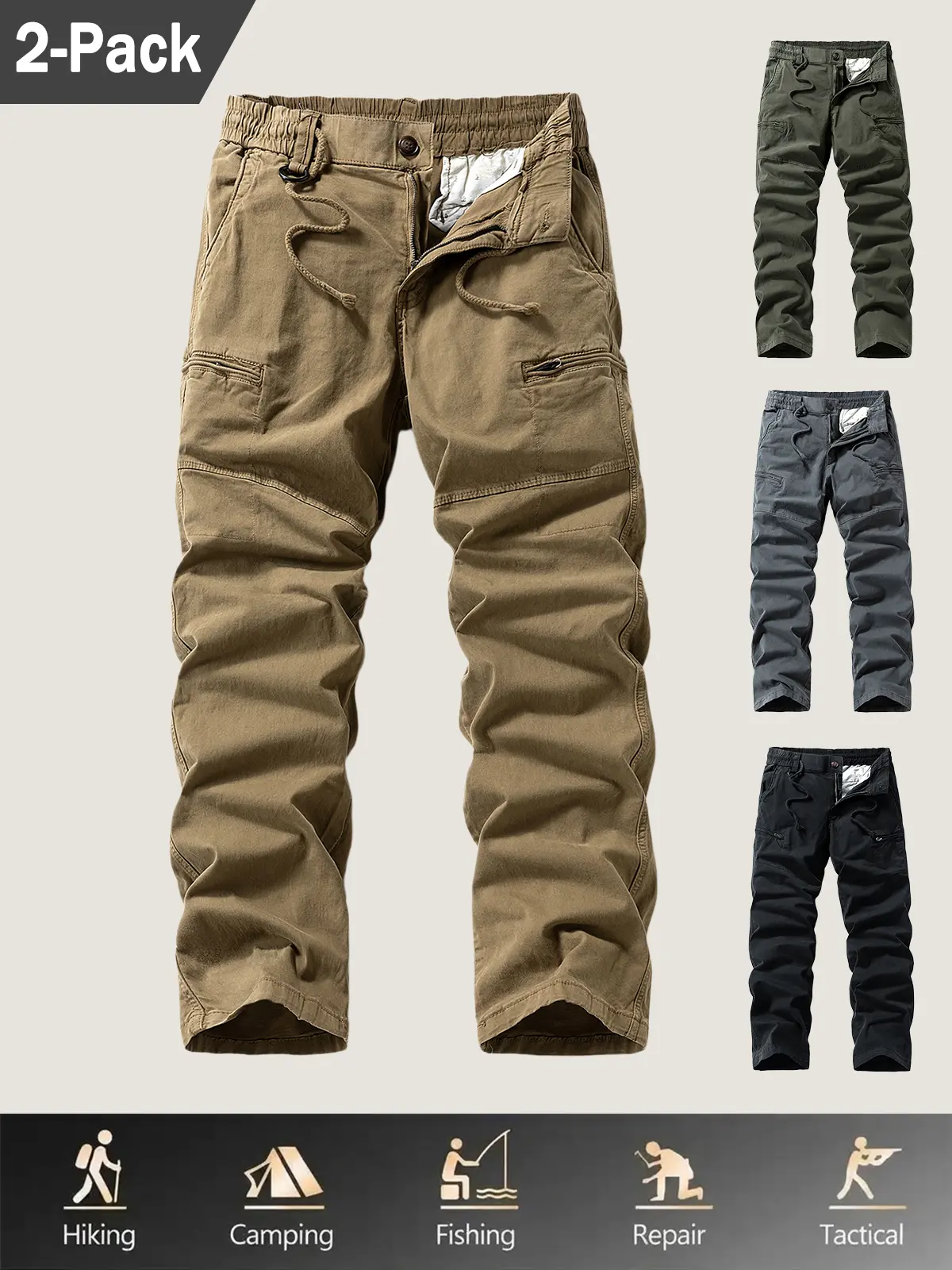 2-pack straight-leg cargo pants with a drop-proof design, side zipper pockets, and segmented thigh panels; multi-layer, multi-pocket design with a classic straight cut that allows for unrestricted movement, suitable for hiking, camping, fishing, and works